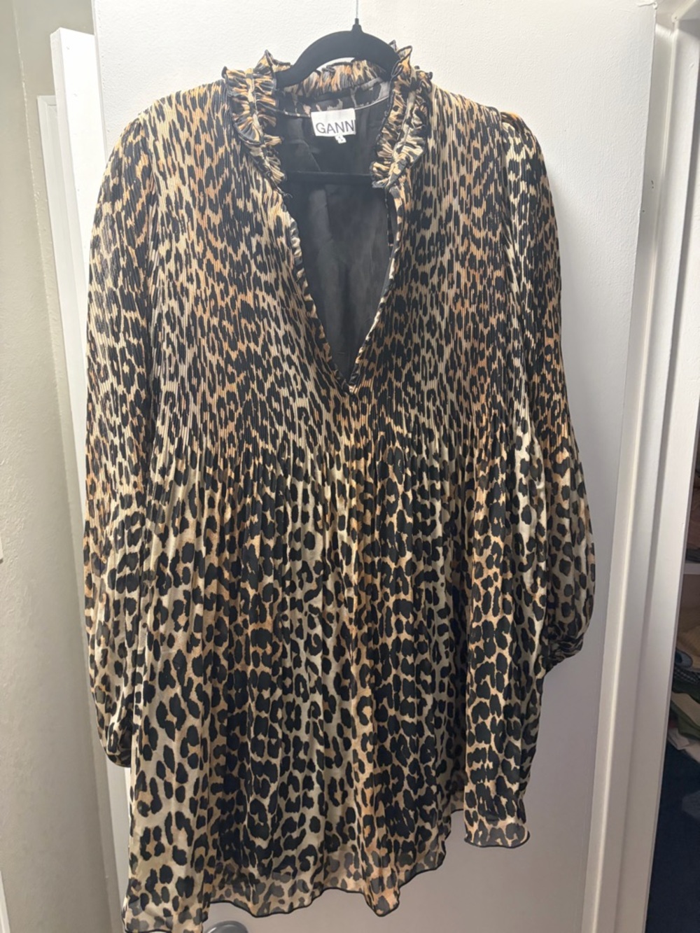 Ganni Leopard-Print Pleated Mini Dress - Brown/Black/Cream